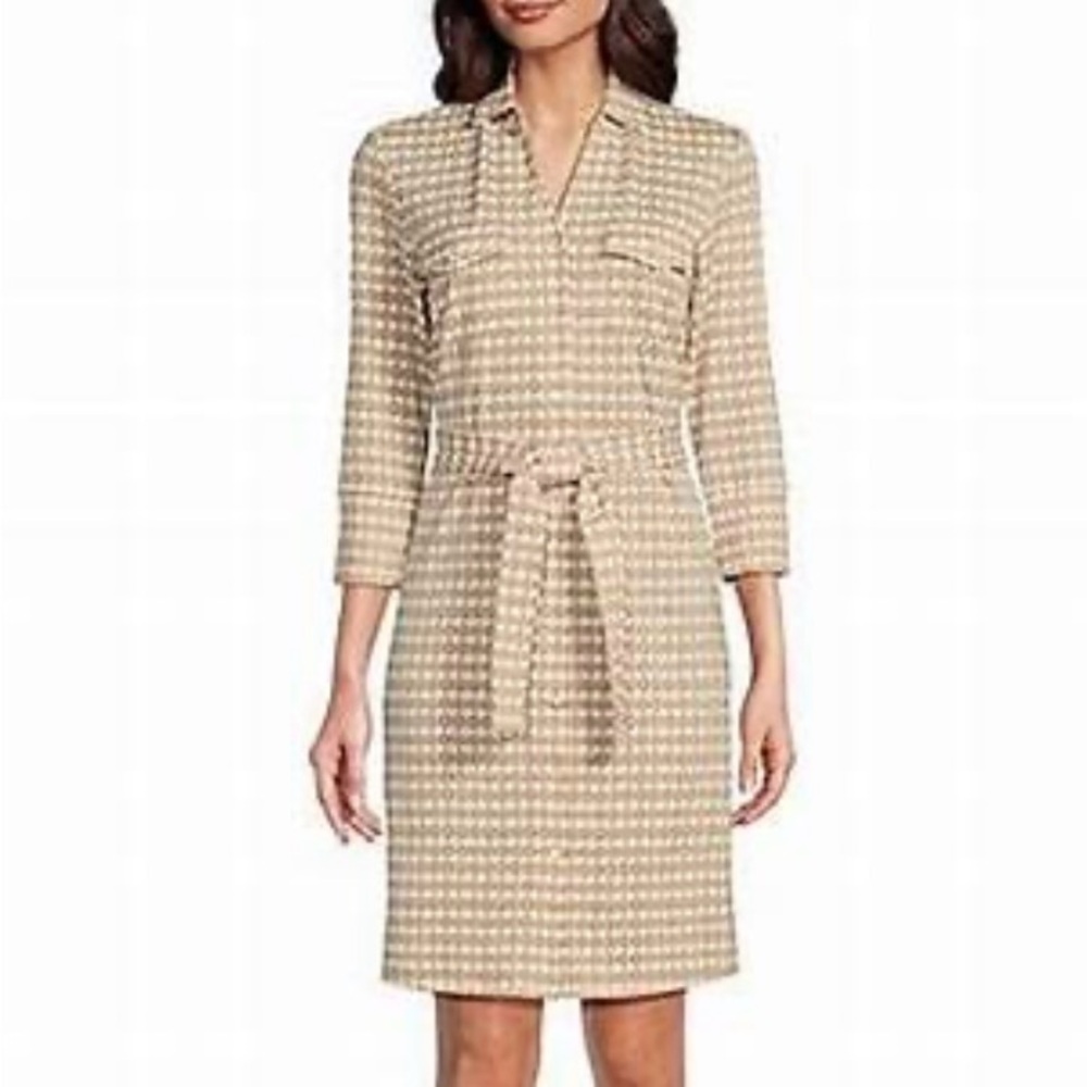J McLaughlin Brynn Geo Print Jersey Knit 3/4 Sleeve Belted Shirt Dress.